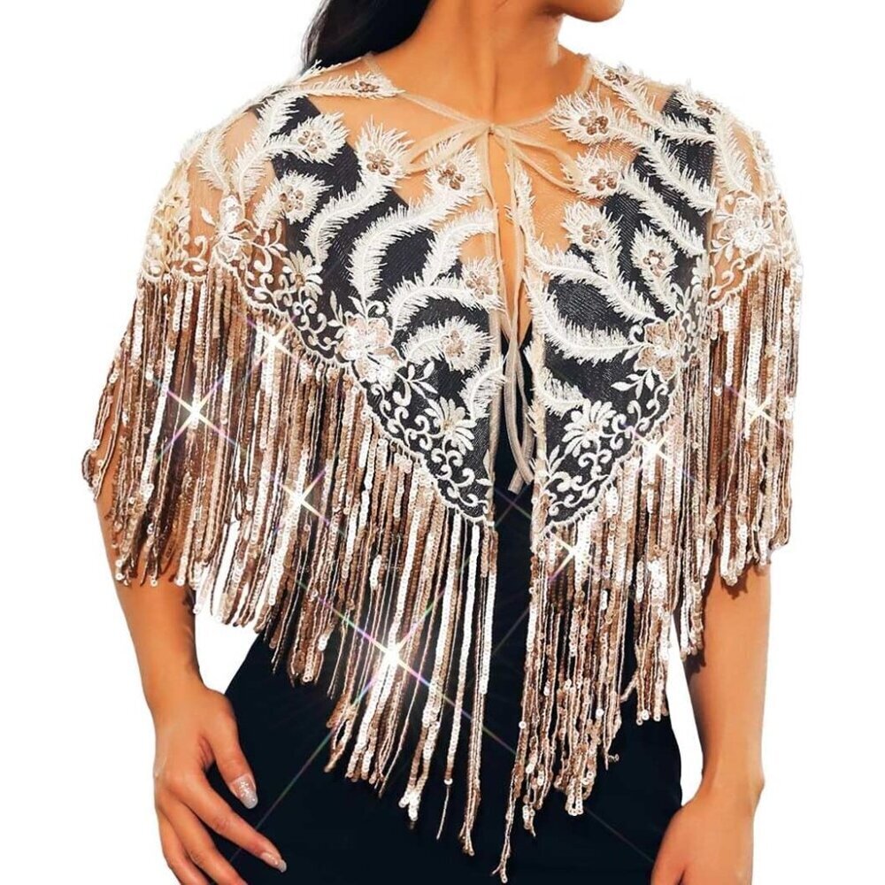 Sequin Shawl Women's Evening Wrap 1920s Flapper Style Black Champagne